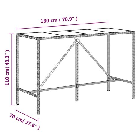 Bartafel met glazen blad 180x70x110 cm poly rattan grijs 6