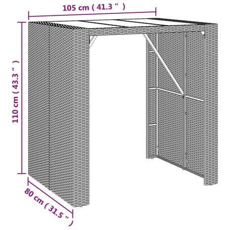 Bartafel met glazen blad 105x80x110 cm poly rattan grijs 6