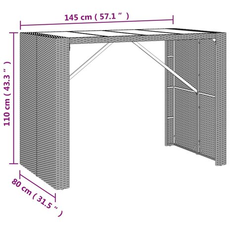 Bartafel met glazen blad 145x80x110 cm poly rattan bruin 6