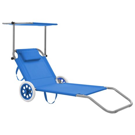 Ligbed met luifel en wieltjes inklapbaar staal blauw 1