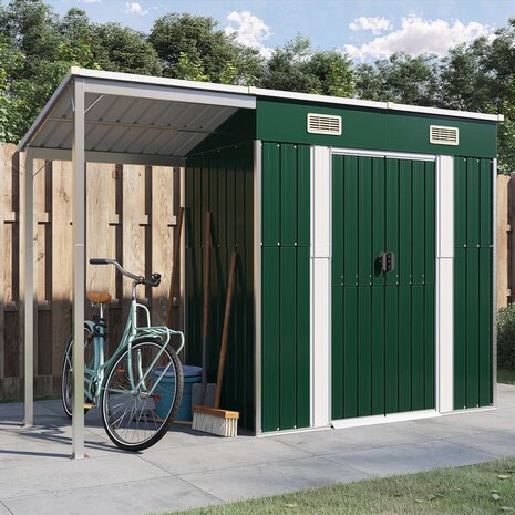 Tuinschuur met verlengd dak 277x110,5x181 cm staal groen 1