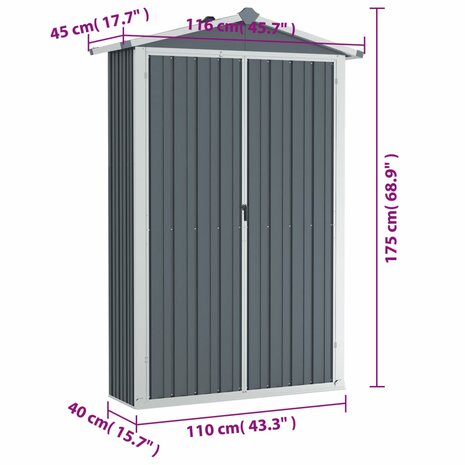 Tuinschuur 116x45x175 cm gegalvaniseerd staal grijs 8