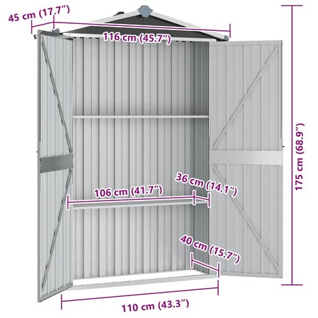 Tuinschuur 116x45x175 cm gegalvaniseerd staal grijs 8