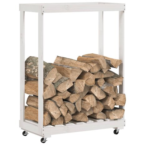Houtblokhouder met wielen 76,5x40x108 cm massief grenenhout wit 3