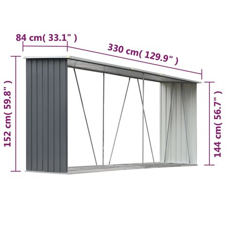 Haardhoutschuur 330x84x152 cm gegalvaniseerd staal grijs  6