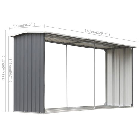 Haardhoutschuur 330x92x153 cm gegalvaniseerd staal grijs 6