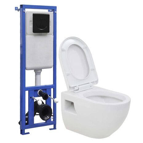 Hangend toilet met hoge verbogen stortbak keramiek 1