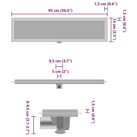 Doucheafvoer met 2-in-1 deksel 93x14 cm roestvrij staal 9