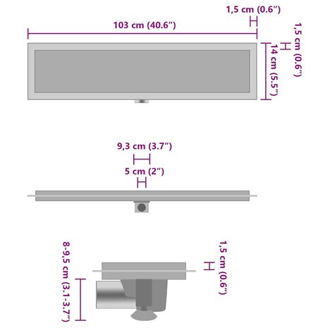 Doucheafvoer met 2-in-1 deksel 103x14 cm roestvrij staal 9