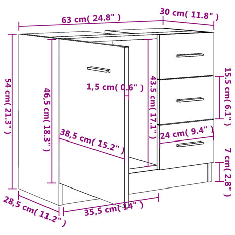Wastafelkast 63x30x54 cm bewerkt hout gerookt eikenkleurig 9