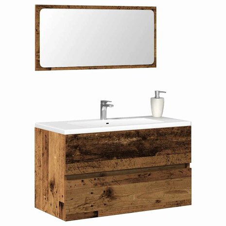 Badkamerkast met spiegel bewerkt hout oud houtkleurig 1