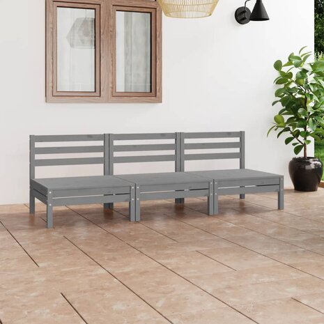 3-delige Loungeset massief grenenhout grijs 1