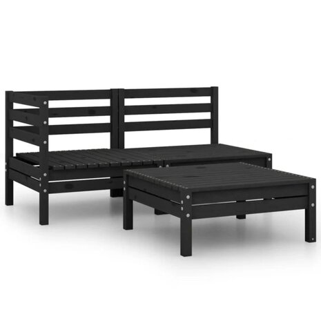 3-delige Loungeset massief grenenhout zwart 1