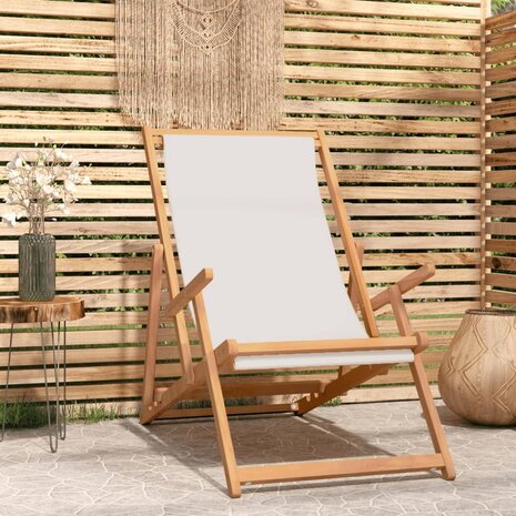 Strandstoel inklapbaar massief teakhout crèmekleurig 1