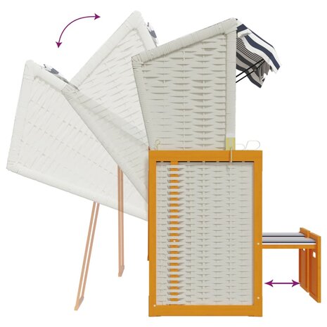 Strandstoel met luifel poly rattan en massief hout wit en blauw 8