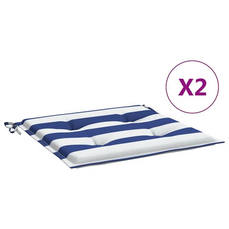 Tuinstoelkussens 2 st gestreept 50x50x3 cm stof wit en blauw 2