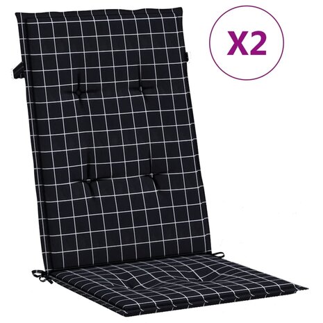 Stoelkussens 2 st hoge rug ruitpatroon stof zwart 2