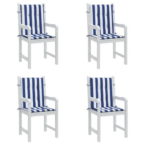 Stoelkussens 4 st lage rug gestreept stof wit en blauw 4