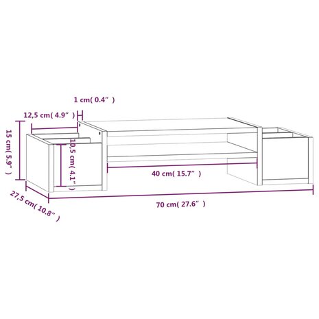 Monitorstandaard 70x27,5x15 cm massief grenenhout grijs 8