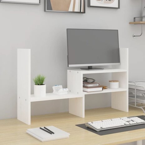 Monitorstandaard (39-72)x17x43 cm massief grenenhout wit 1
