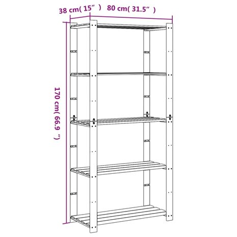Opbergrek 5-laags 80x38x170 cm massief grenenhout zwart 7
