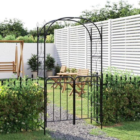 Tuinboog met poort 108x45x235 cm staal zwart 1