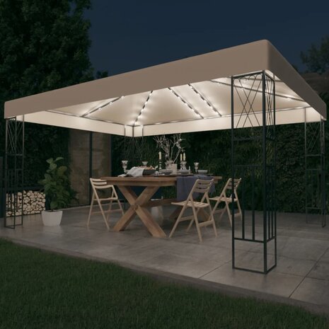 Prieel met LED-lichtslinger 3x4 m stof crèmekleurig 1