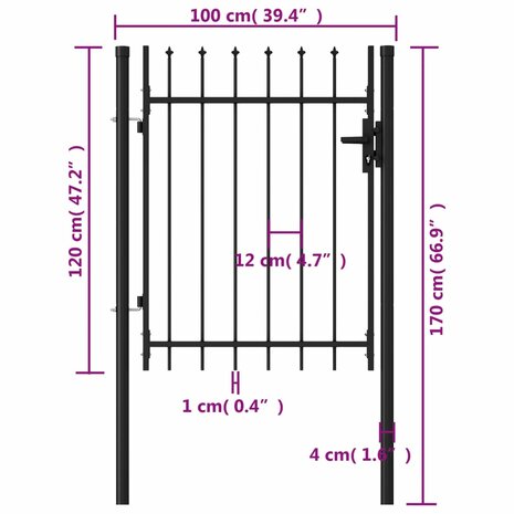 Poort met puntige bovenkant enkel 1x1,2 m staal zwart 5