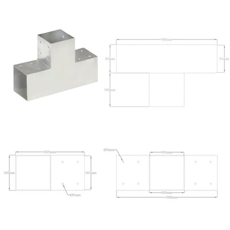 Paalverbindingen 4 st T-vorm 101x101 mm gegalvaniseerd metaal 8