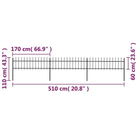 Tuinhek met speren bovenkant 5,1x0,6 m staal zwart 5