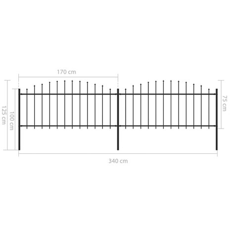 Tuinhek met speren bovenkant (0,5-0,75)x3,4 m staal zwart 5
