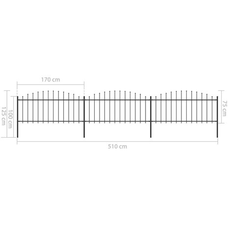 Tuinhek met speren bovenkant (0,5-0,75)x5,1 m staal zwart 5
