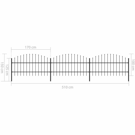 Tuinhek met speren bovenkant (0,75-1)x5,1 m staal zwart 5
