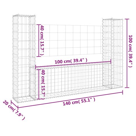 Schanskorf U-vormig met 2 palen 140x20x100 cm ijzer 6