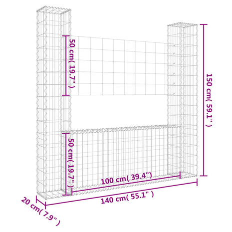 Schanskorf U-vormig met 2 palen 140x20x150 cm ijzer 6