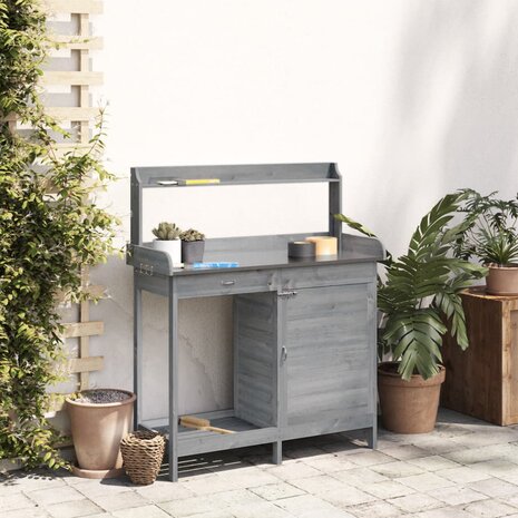 Oppottafel met kast 110,5x45x124,5 cm massief vurenhout grijs 3