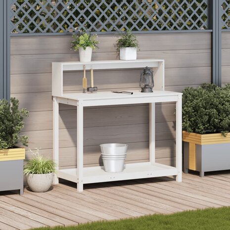 Oppottafel met schappen 108x50x109,5 cm massief grenenhout wit 3