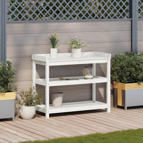 Oppottafel met schappen 108x45x86,5 cm massief grenenhout wit 3