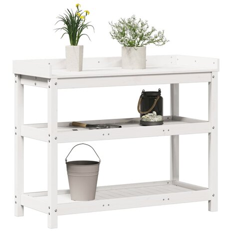 Oppottafel met schappen 108x45x86,5 cm massief grenenhout wit 4