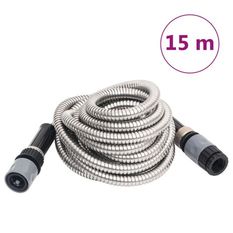 Tuinslang met sproeikop 0,6&apos;&apos; 15 m roestvrij staal zilverkleur 1