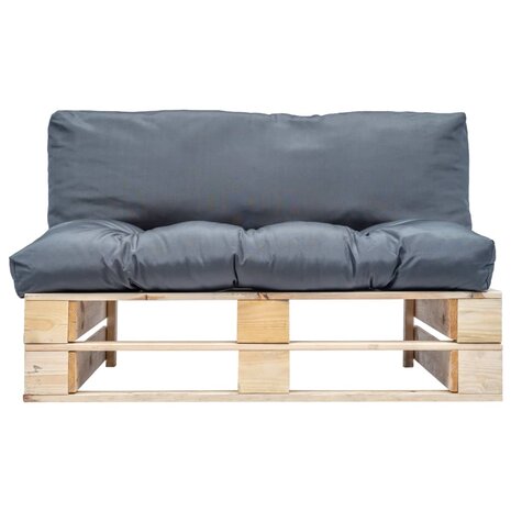 Tuinbank pallet met grijze kussens grenenhout 2