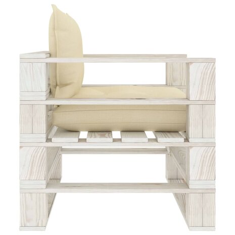 Tuinbank met crèmekleurige kussens pallet hout 3