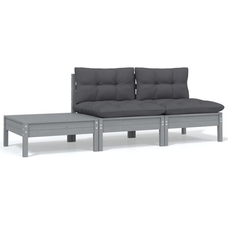 3-delige Loungeset met kussens massief grenenhout grijs 1