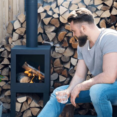 Esschert Design Tuinhaard met houtopslag zwart FF410 4