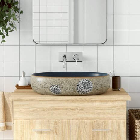 Opzetwasbak ovaal 59x40x14 cm keramiek zandkleurig en blauw 1