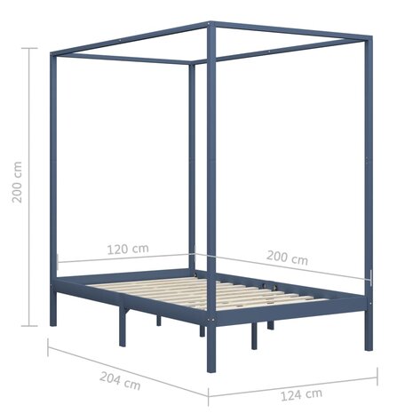 Hemelbedframe massief grenenhout grijs 120x200 cm 7