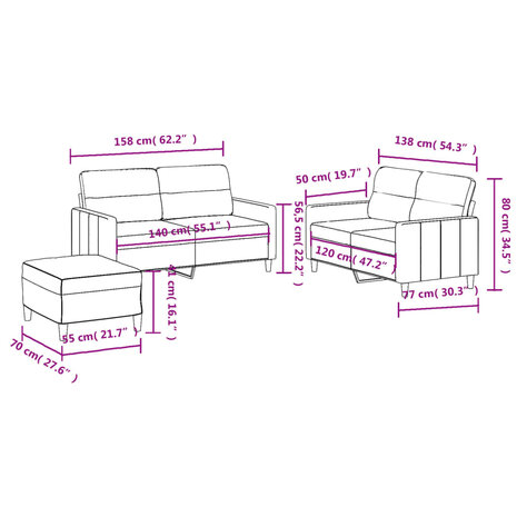 3-delige Loungeset met kussens stof lichtgeel 8