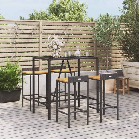 5-delige Tuinbarset poly rattan en massief acaciahout zwart 1