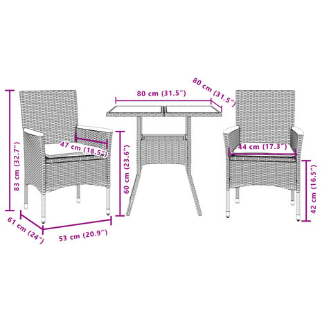 3-delige Tuinset met kussens poly rattan en glas grijs 7