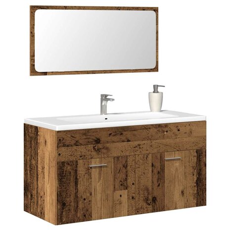 Badkamerkast met spiegel bewerkt hout oud houtkleurig 1